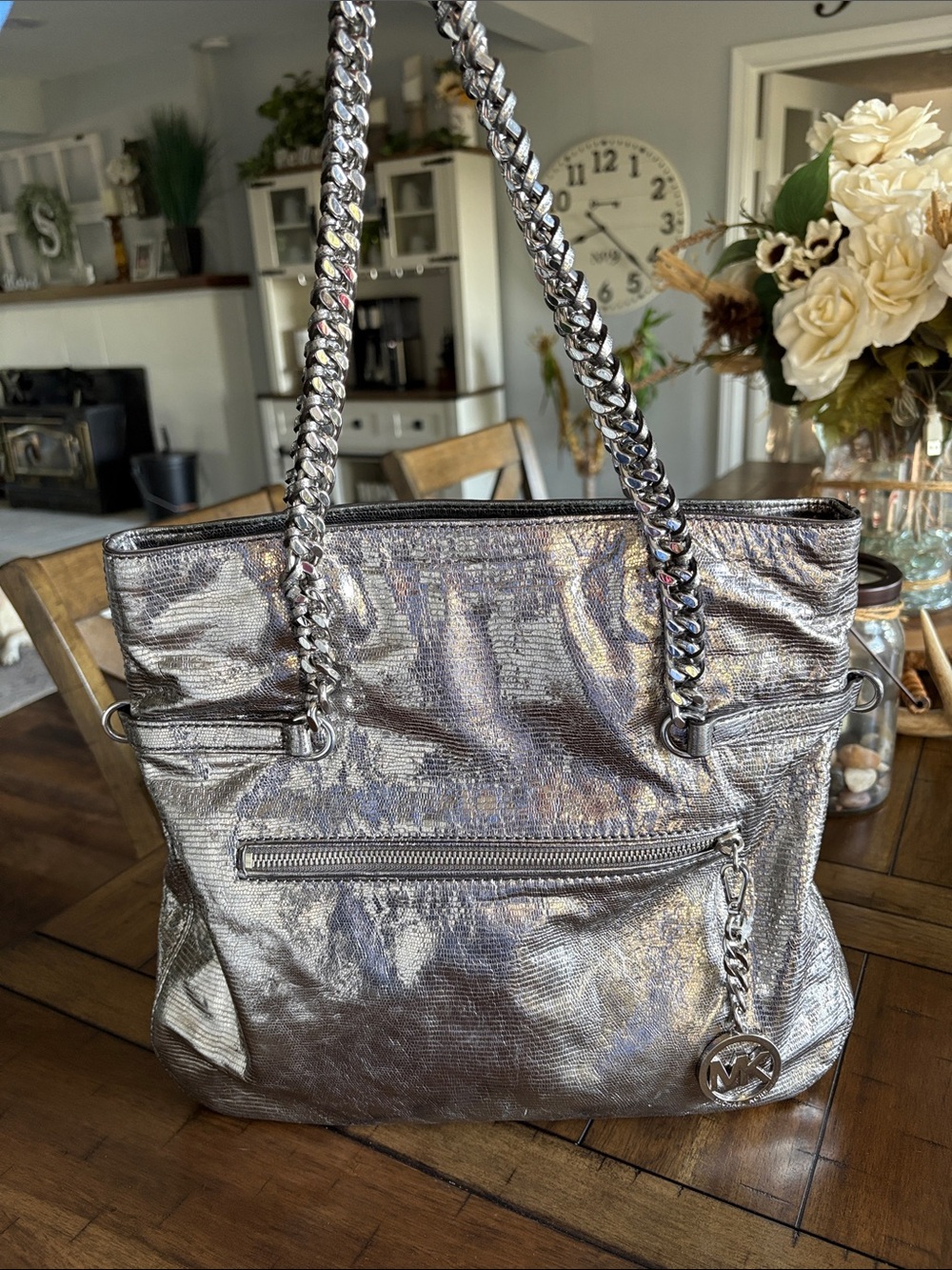 Michael Kors Metallic Pewter Tote with Chain-Strap Handles